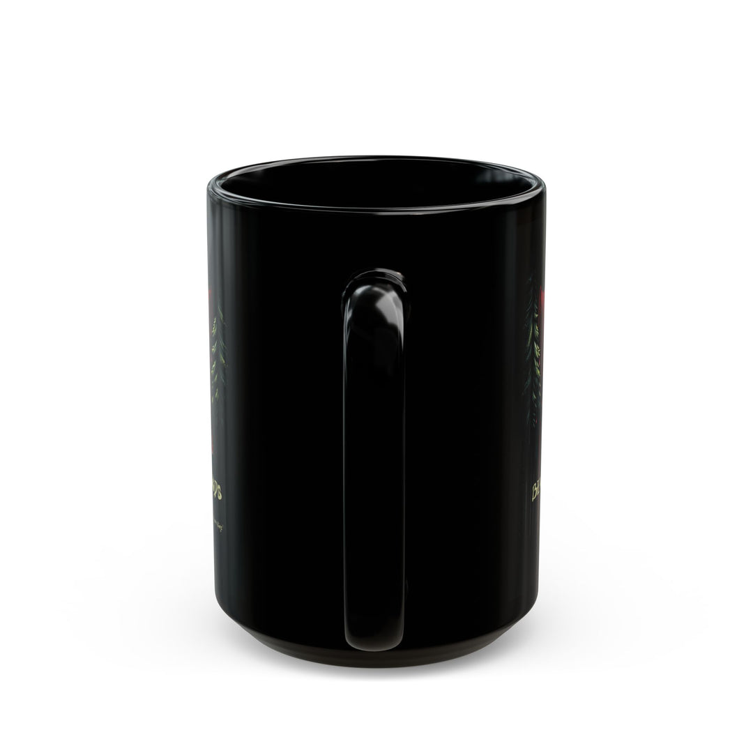 Black mug with a face emerging from the forest with bleeding eyes and a warning Beware the Woods at Night by Thorn Ridge®