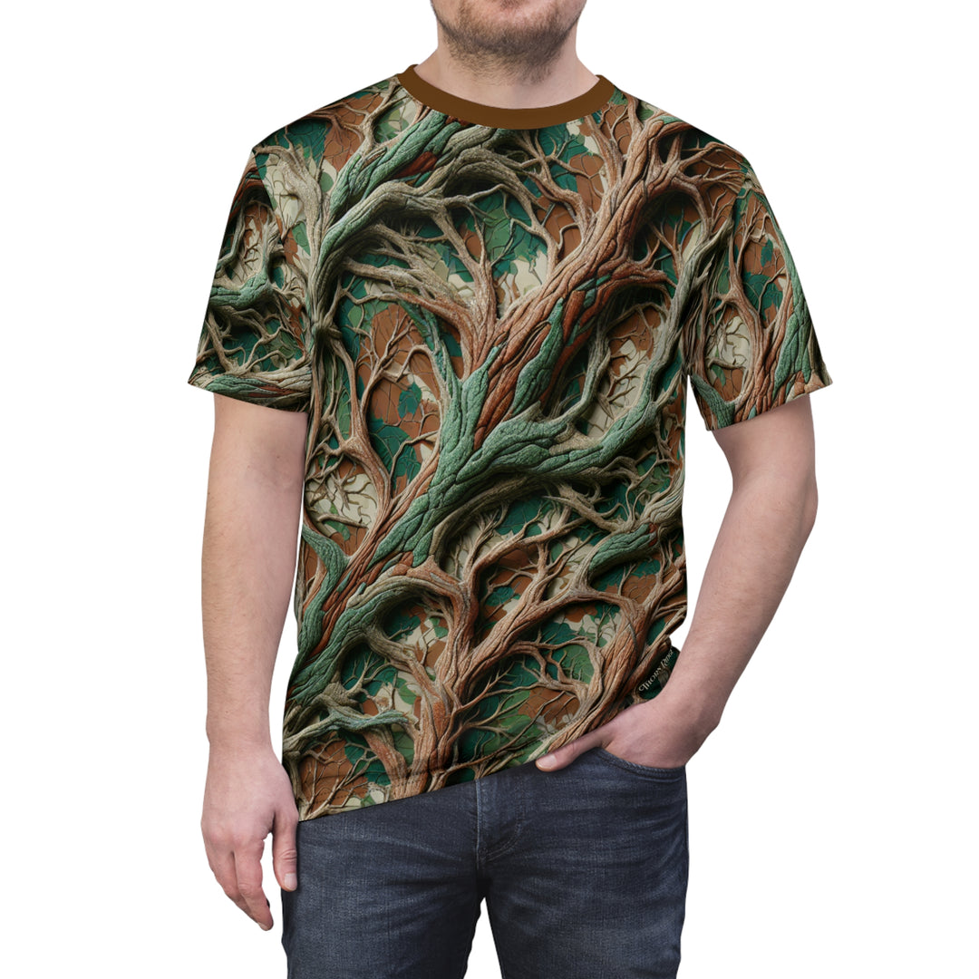 camo inspired colored T-shirt with intricate root pattern labeled Thorn Ridge®