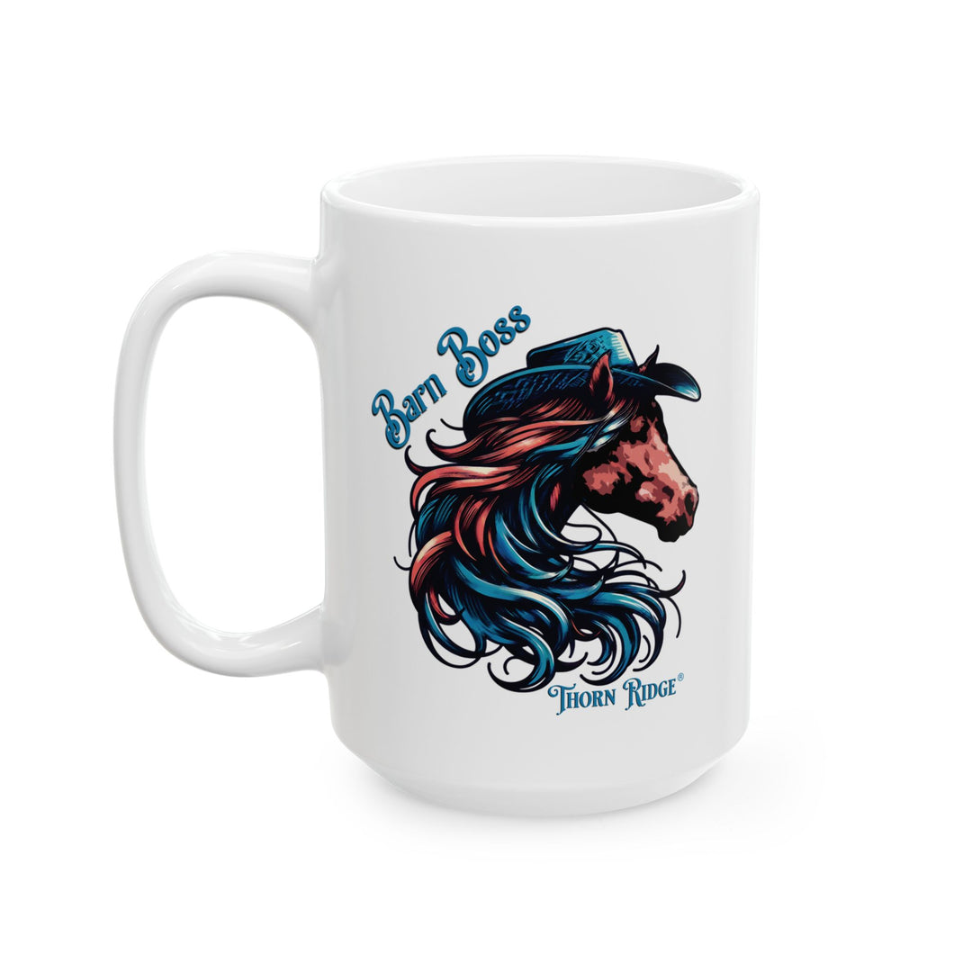 Barn Boss mug by Thorn Ridge® with a horse wearing a cowboy hat and has a long flowing mane. 