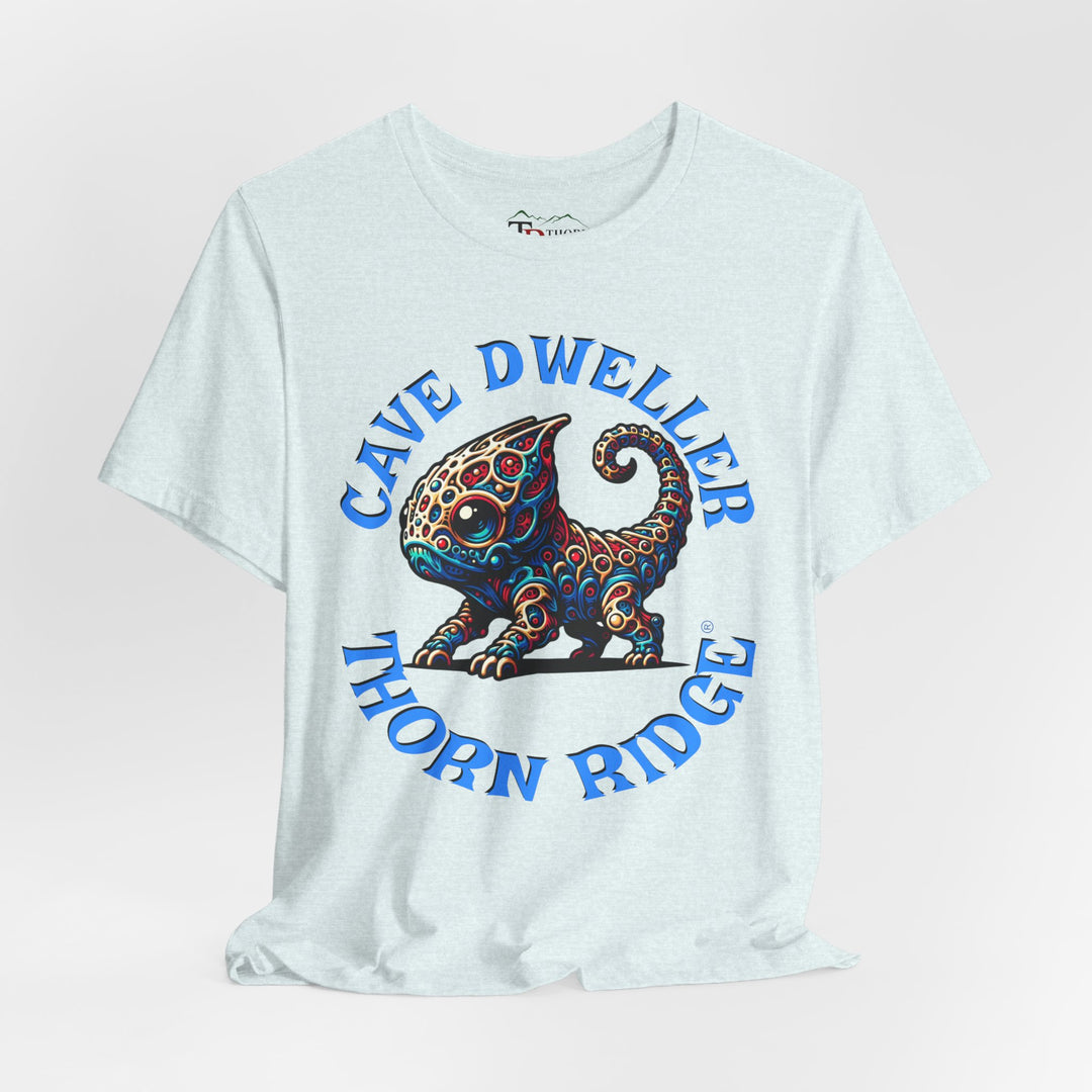 Cave Dweller funny lizard creature graphic tee labeled Thorn Ridge®