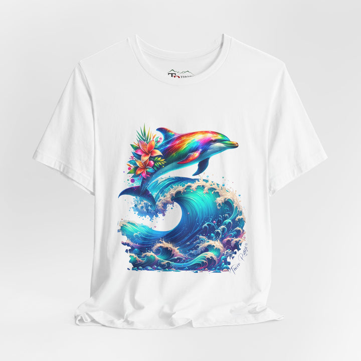 Colorful rainbow dolphin with flowers on its back near its tail jumping over a curling ocean wave. Labeled Thorn Ridge®. 