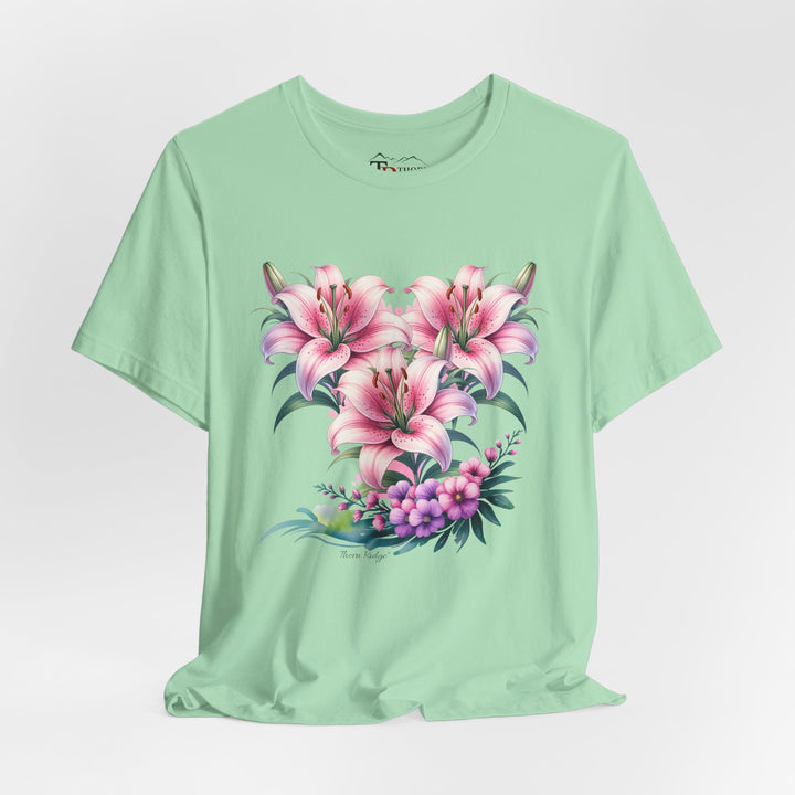 t-shirt with pink floral design of three lillies branded to Thorn Ridge®