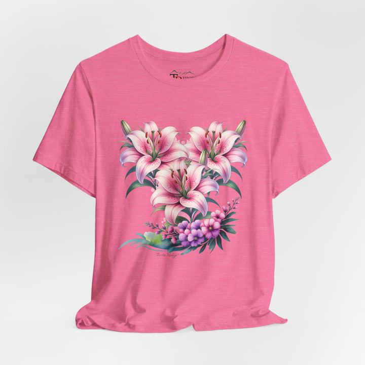 t-shirt with pink floral design of three lillies branded to Thorn Ridge®