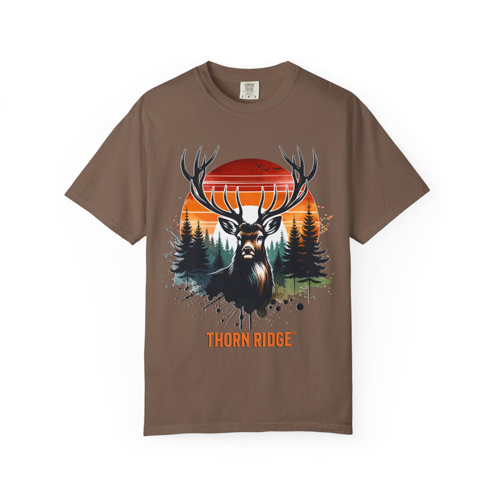 Buck At Sunset Tee labeled Thorn Ridge®