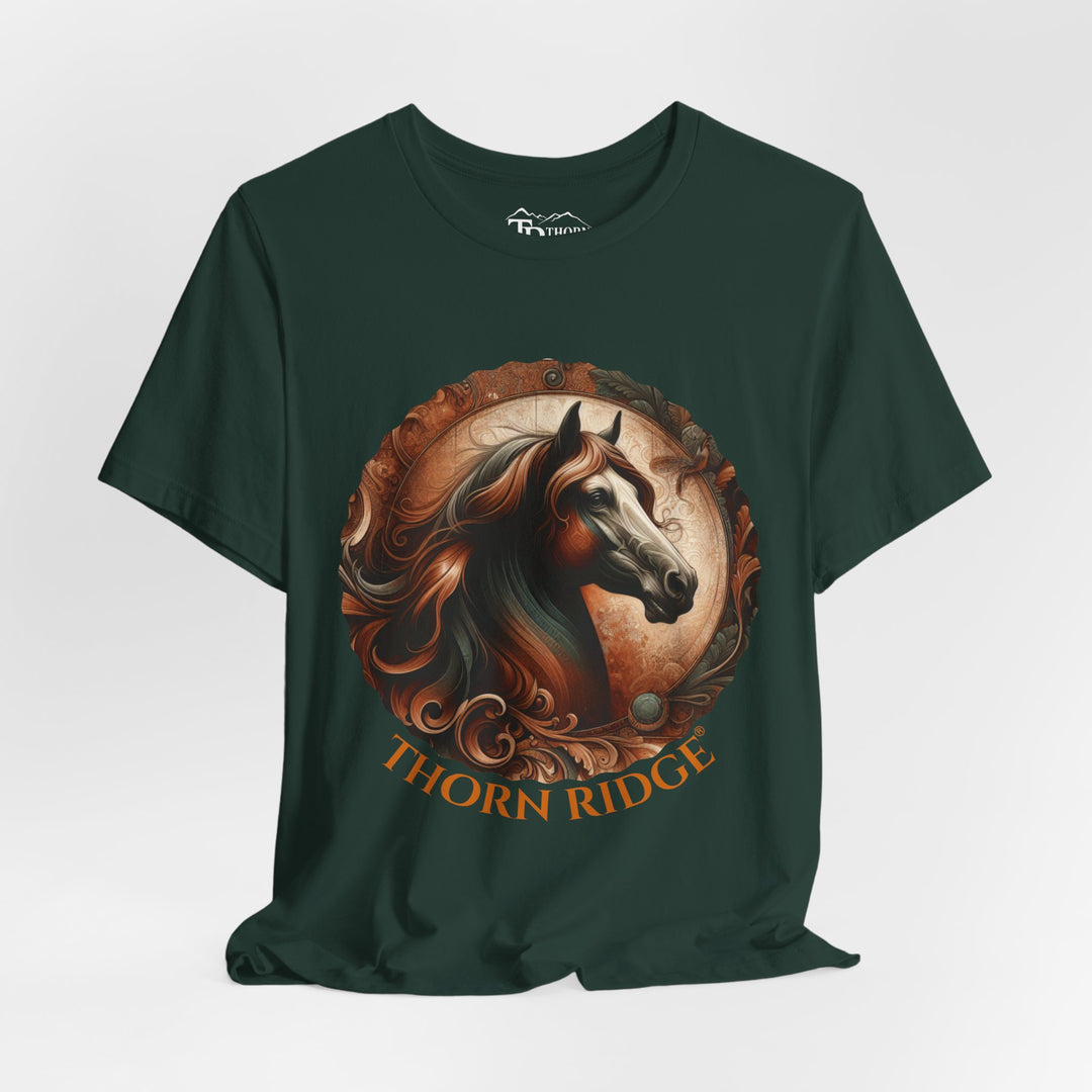 elegant horse head circular graphic  in brown tones t-shirt labeled Thorn Ridge®