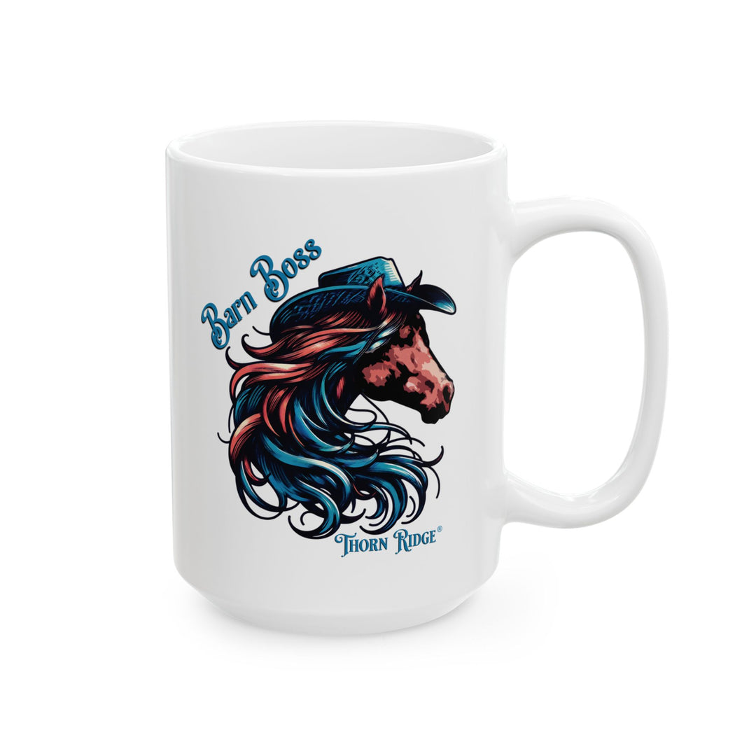 Barn Boss mug by Thorn Ridge® with a horse wearing a cowboy hat and has a long flowing mane. 
