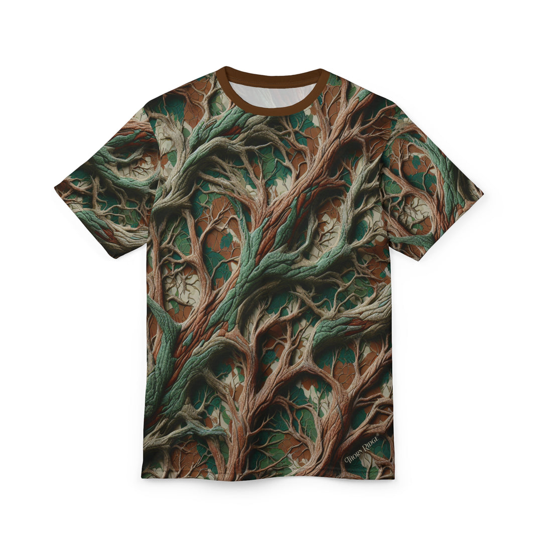 camo inspired colored T-shirt with intricate root pattern labeled Thorn Ridge®