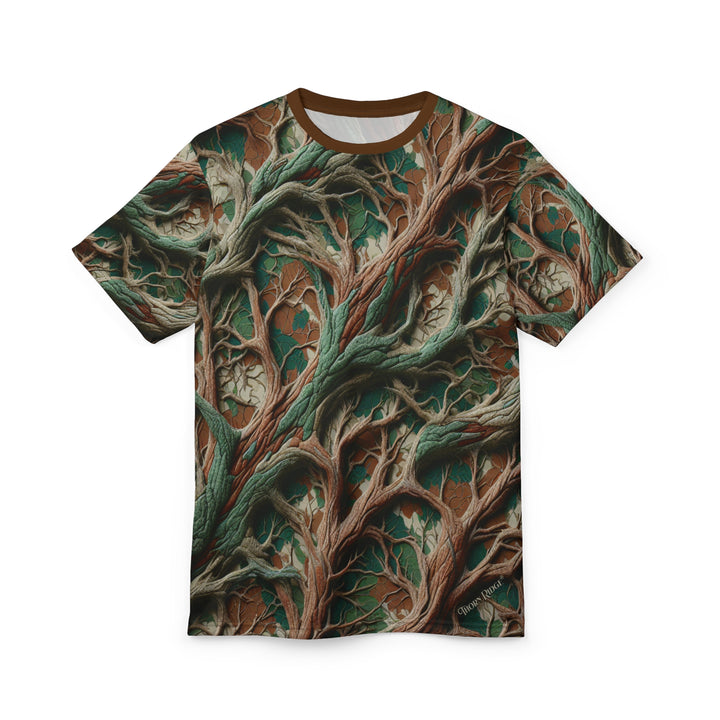 camo inspired colored T-shirt with intricate root pattern labeled Thorn Ridge®