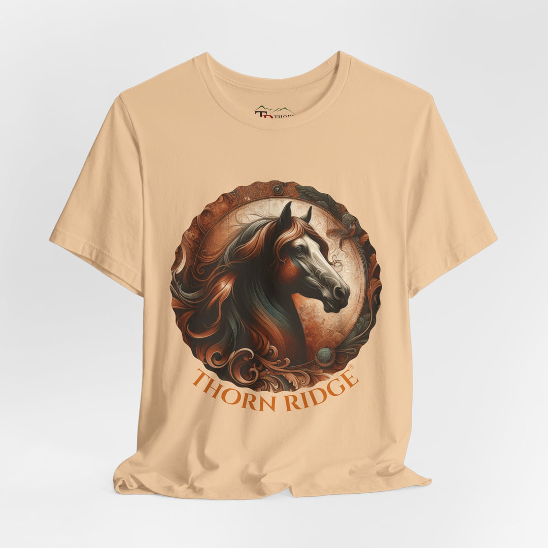 elegant horse head circular graphic  in brown tones t-shirt labeled Thorn Ridge®