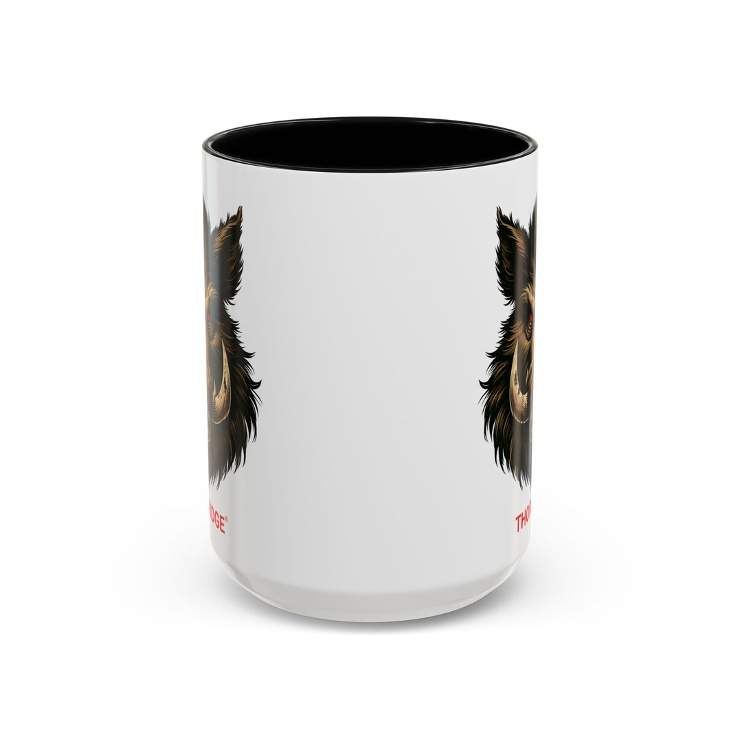 White mug with black interior and handle featuring a boar design and 'Thorn Ridge' text on a white background.