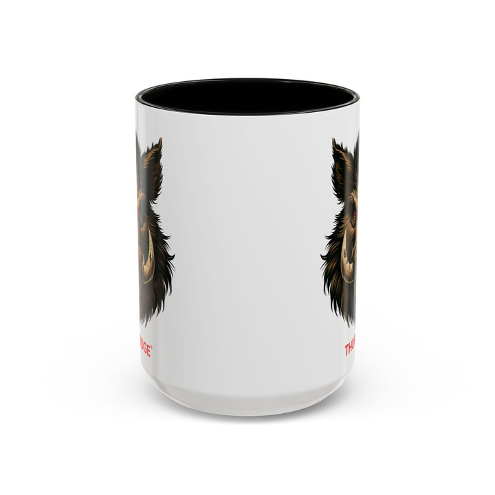White mug with black interior and handle featuring a boar design and 'Thorn Ridge' text on a white background.