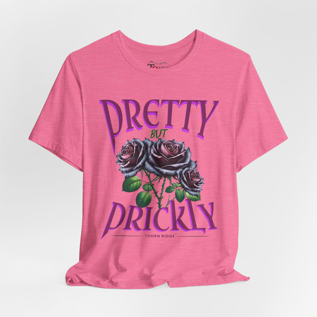 Pretty But Prickly Thorn Ridge Roses Branded t-shirt in purple with black and purple roses. 