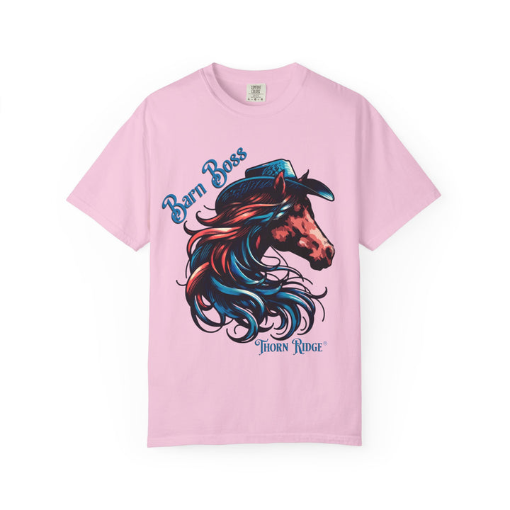 t-shirt with a horse head wearing a cowboy hat graphic labeled Barn Boss and Thorn Ridge