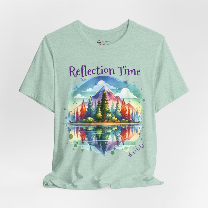 t-shirt with 'Reflection Time' graphic design featuring a mountain and lake scene labeled Thorn Ridge®
