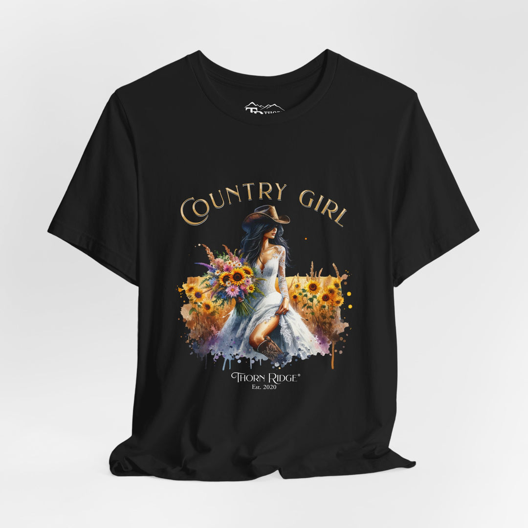 t-shirt with 'Country Girl' graphic design featuring a woman in a white dress and sunflowers and labeled Thorn Ridge®