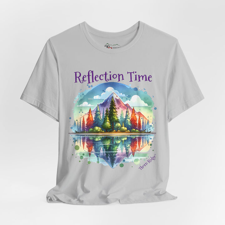 t-shirt with 'Reflection Time' graphic design featuring a mountain and lake scene labeled Thorn Ridge®