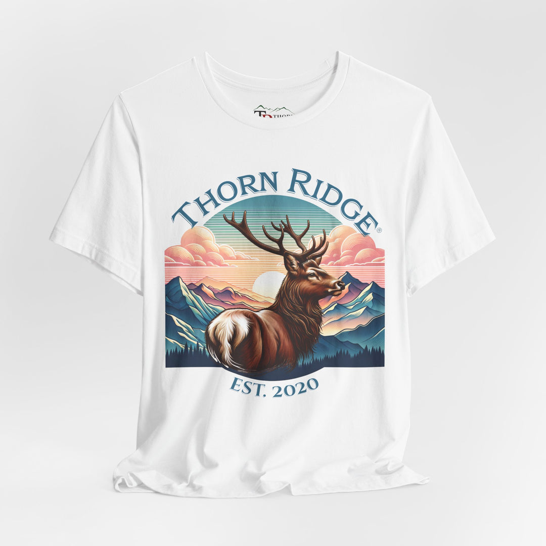 Guardian Buck Tee of a white tailed buck looking out across the mountains labeled Thorn Ridge®