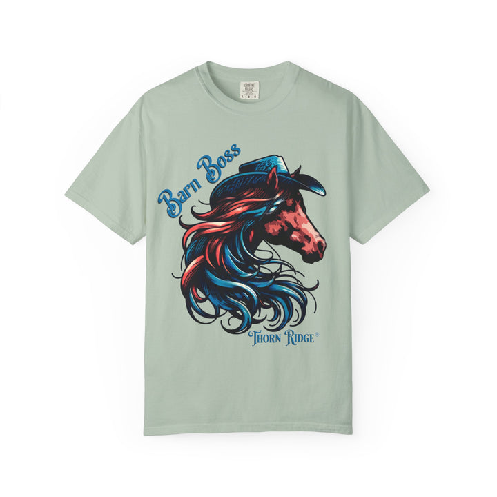 t-shirt with a horse head wearing a cowboy hat graphic labeled Barn Boss and Thorn Ridge