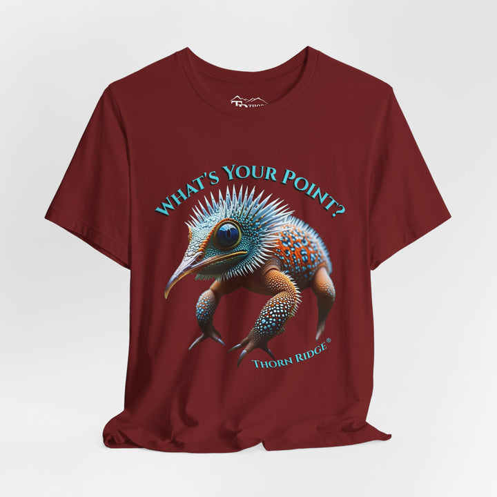 t-shirt with a unique creature graphic and text 'What's Your Point?' labeled Thorn Ridge®