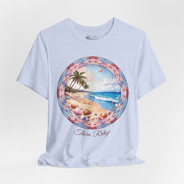 t-shirt with a beach scene graphic and 'Thorn Ridge' branding 
