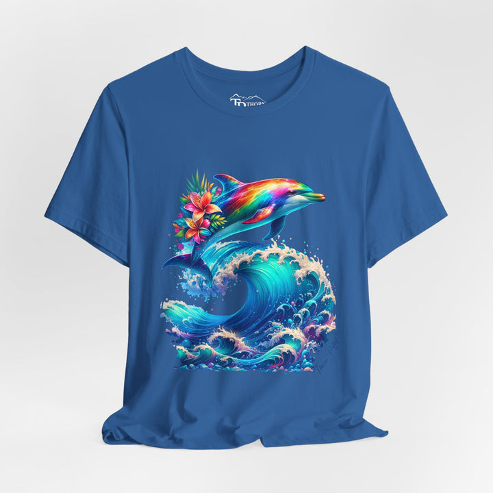t-shirt with a colorful dolphin and wave design branded Thorn Ridge®
