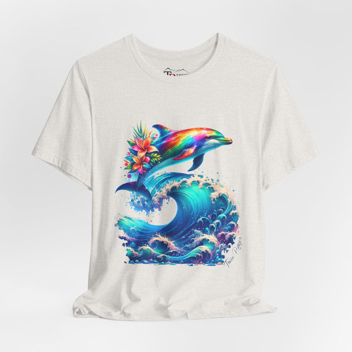 Colorful rainbow dolphin with flowers on its back near its tail jumping over a curling ocean wave. Labeled Thorn Ridge®. 