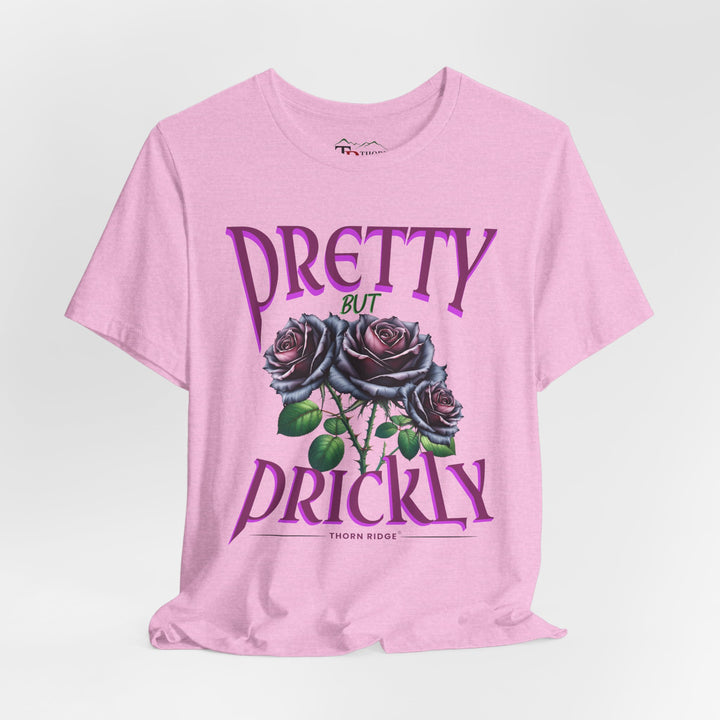 Pretty But Prickly Thorn Ridge Roses Branded t-shirt in purple with black and purple roses. 