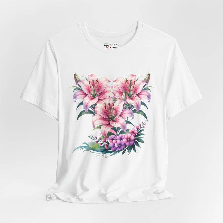 t-shirt with pink floral design of three lillies branded to Thorn Ridge®
