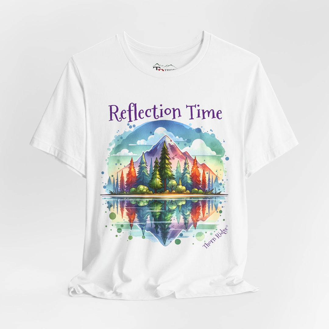 t-shirt with 'Reflection Time' graphic design featuring a mountain and lake scene labeled Thorn Ridge®
