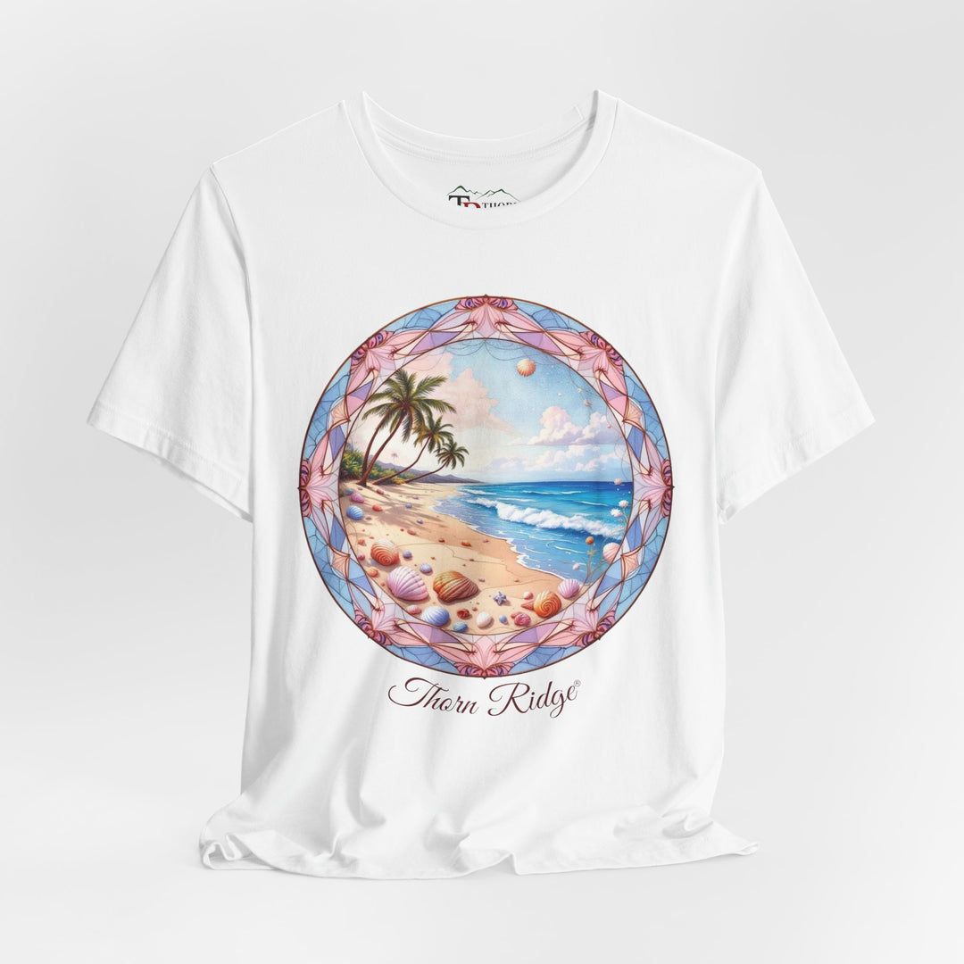 t-shirt with a beach scene graphic and 'Thorn Ridge' branding on a white background