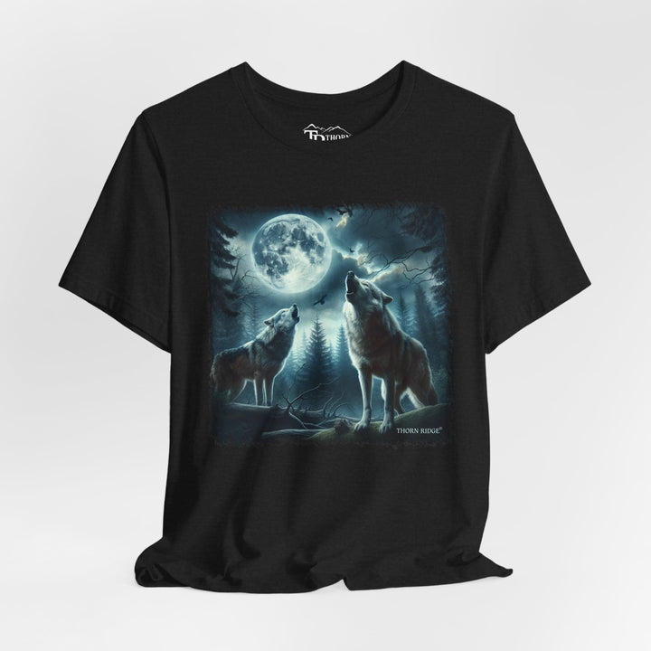 t-shirt with a graphic of two wolves howling at a moonlit sky branded Thorn Ridge®