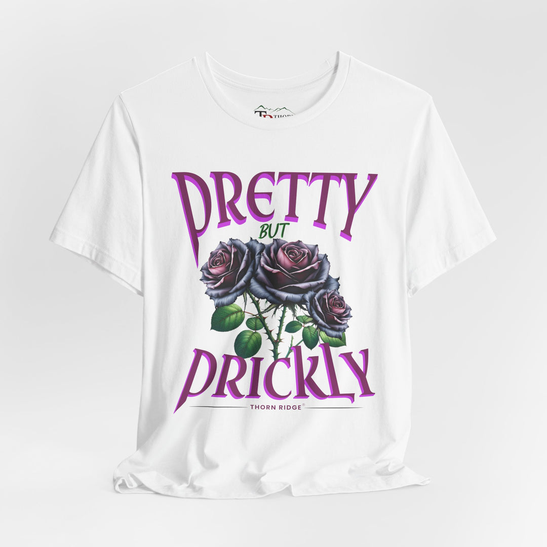 Pretty But Prickly Thorn Ridge Roses Branded t-shirt in purple with black and purple roses. 