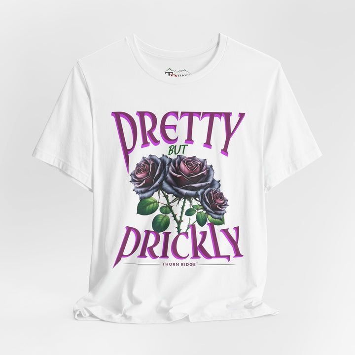 Pretty But Prickly Thorn Ridge Roses Branded t-shirt in purple with black and purple roses. 