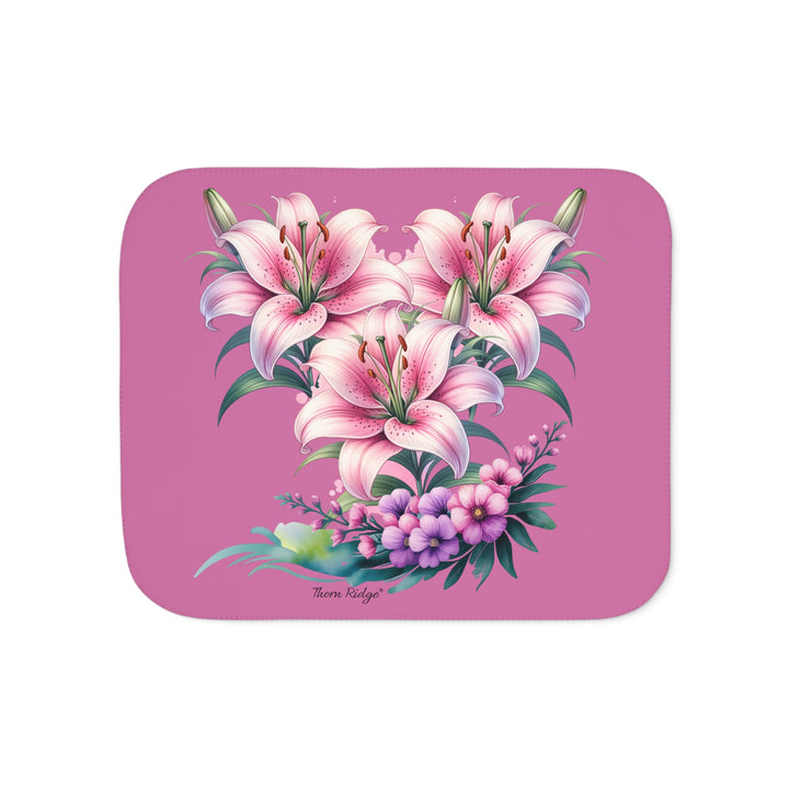 Three Lillies illustraton in pink on a pink sherpa blanket by Thorn Ridge®
