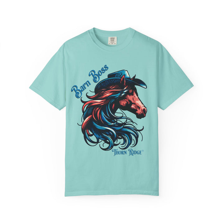 t-shirt with a horse head wearing a cowboy hat graphic labeled Barn Boss and Thorn Ridge
