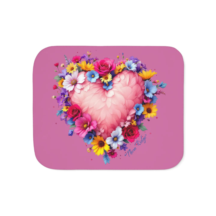Feathers & Flowers Heart Sherpa Blanket in pinks with a feather heart surrounded by flowers by Thorn Ridge®