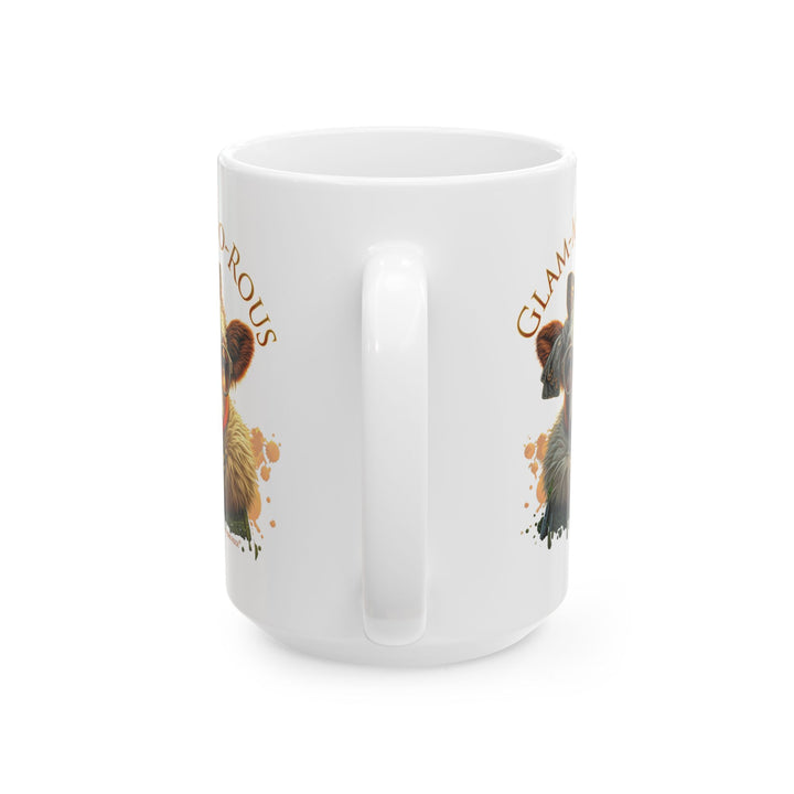 Thorn Ridge® Mug with a cow wearing glasses and fur colored jacket in brown tones and the text 'GLAM-MOO-ROUS' on a white background.