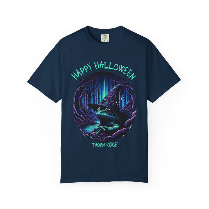 Happy Halloween from The Frog Witch labeled Thorn Ridge. Frog with a witches hat sitting by a dark stream in a wicked forest. 