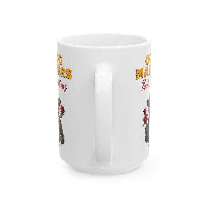 Thorn Ridge® Mug with a fox character holding roses and text 'Good Manners Bad Intentions' on a white background