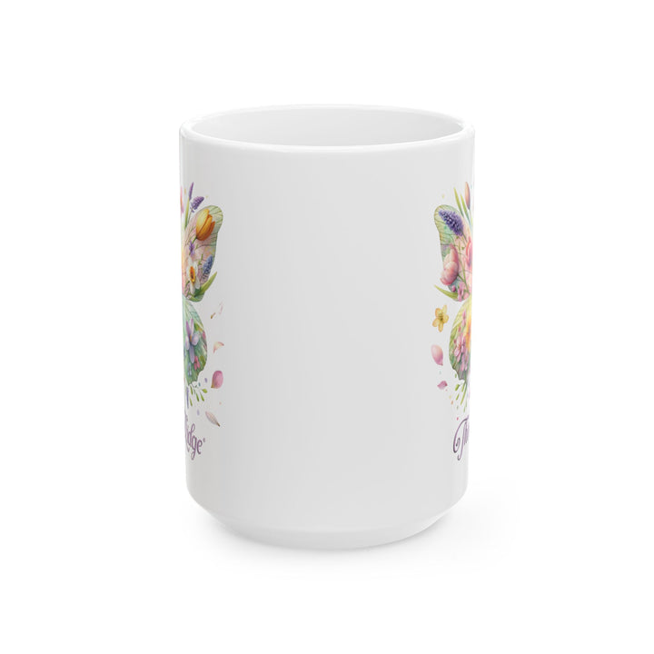 White mug with a colorful butterfly and floral design by Thorn Ridge®