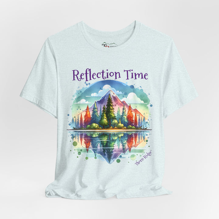 t-shirt with 'Reflection Time' graphic design featuring a mountain and lake scene labeled Thorn Ridge®