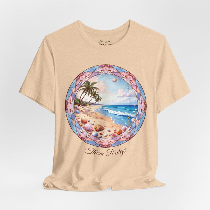 Beige t-shirt with a beach graphic and 'Thorn Ridge' branding on a light gray background