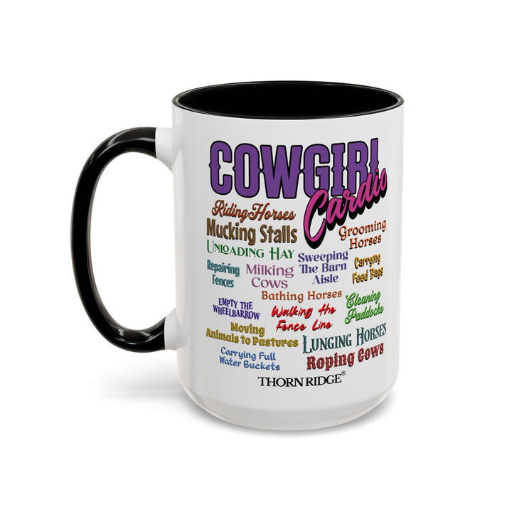 Mug with 'Cowgirl Cardio' text and black handle on a white background