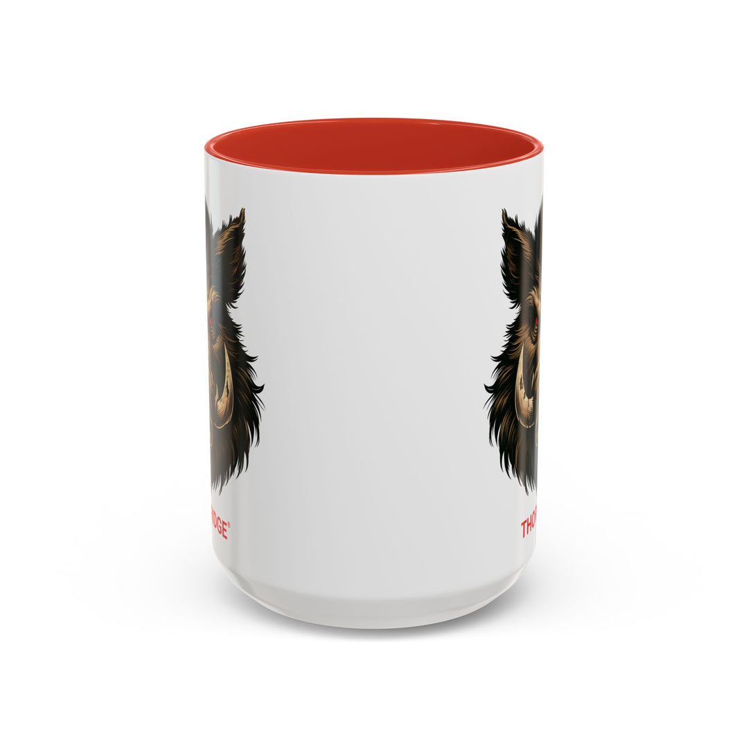 White mug with red interior and handle featuring a boar design and 'Thorn Ridge' text on a white background.