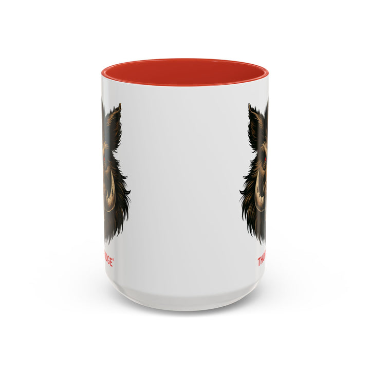 White mug with red interior and handle featuring a boar design and 'Thorn Ridge' text on a white background.
