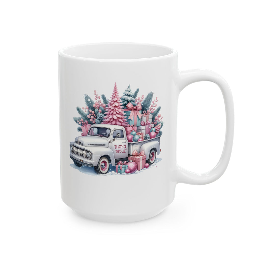 White mug by Thorn Ridge® with a vintage Christmas truck design featuring trees and presents in pink and teal colors on a white background