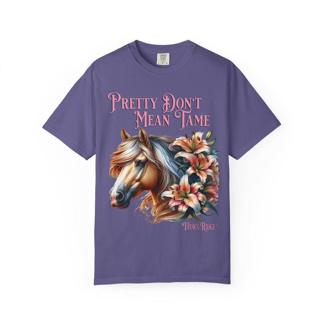 Pretty Don't Mean Tame graphic tee with a horse head and flowers branded to Thorn Ridge®
