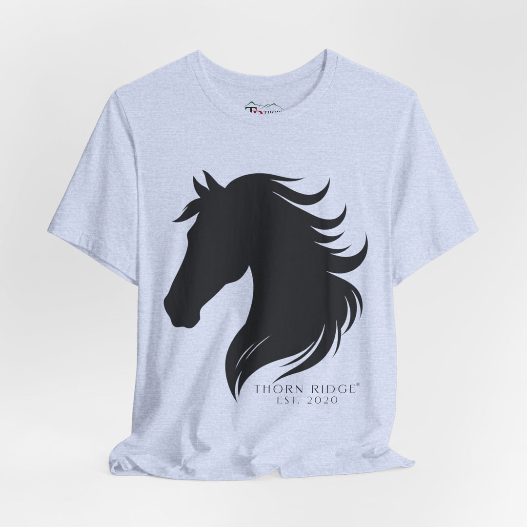 t-shirt with black horse silhouette and 'Thorn Ridge' branding 