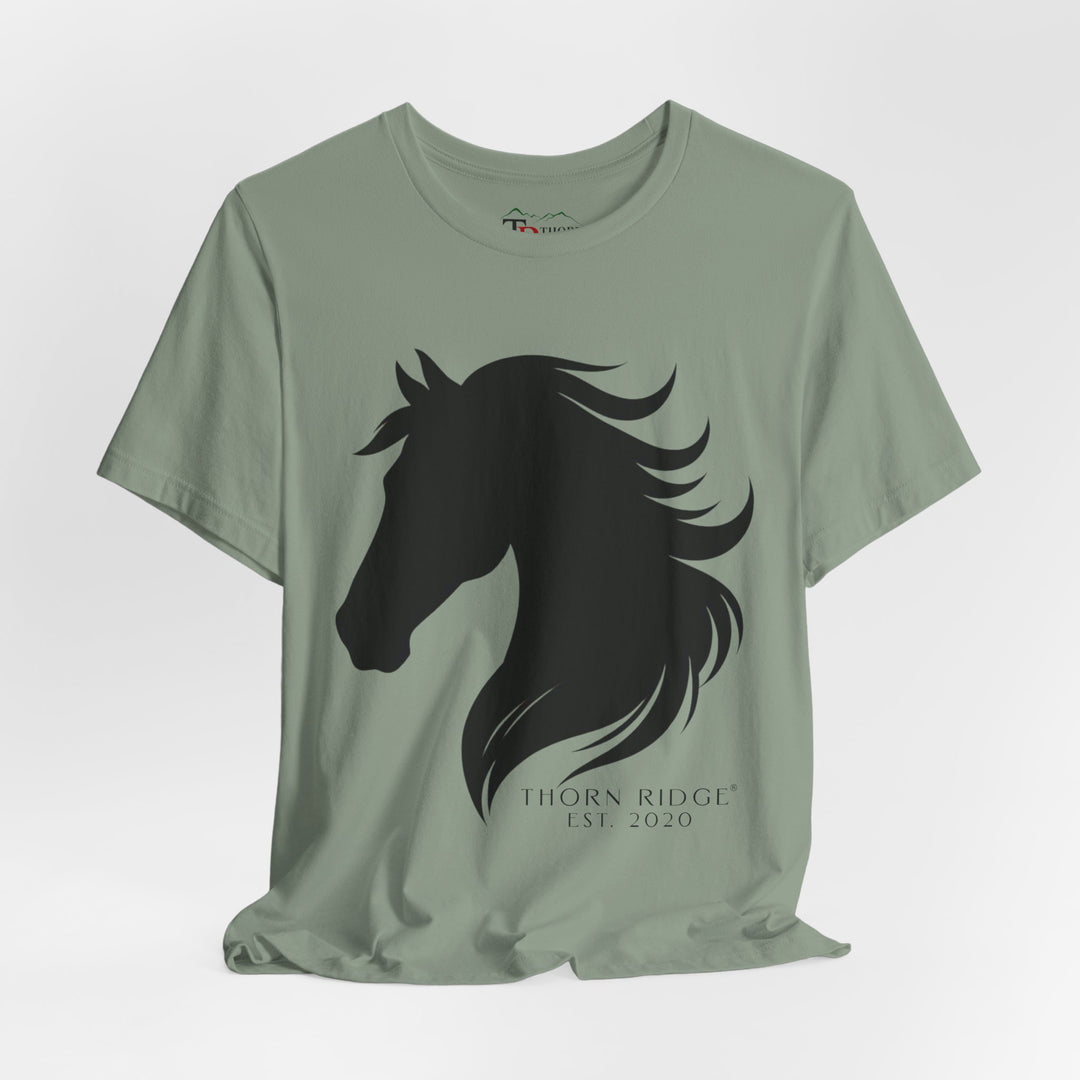 t-shirt with black horse silhouette and 'Thorn Ridge' branding 