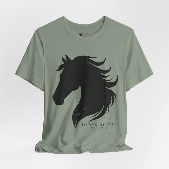 t-shirt with black horse silhouette and 'Thorn Ridge' branding 